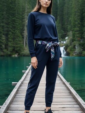 Max & Co. Navy Track Joggers with Floral Tie Waist